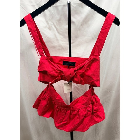 Zara Tops - Zara New Women's M Magenta Linen Blend Bow Front Feminine Cut-Out Peplum Top